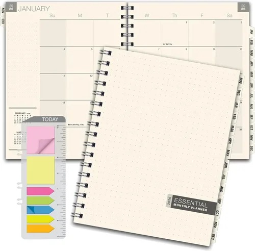 ESSENTIAL - Agenda mensual 2026 con pestañas, 8.5 x 11 pulgadas: 14 meses (noviembre de 2025 a diciembre de 2026), diseño profesional, simple, fácil