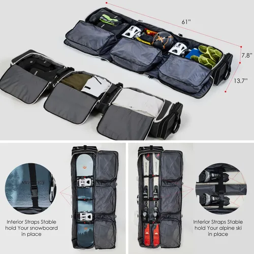 Miniatura 6 de XCMAN Bolsa de snowboard con ruedas de 63 a 75 pulgadas de longitud ajustable para botas de snowboard de viaje aéreo