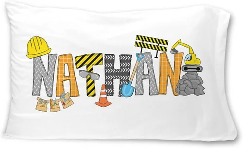 Adorable diseño de herramientas de construcción con nombre personalizado, funda de almohada estándar, decoración de habitación de niños, decoración