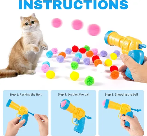 Miniatura 3 de Dorhui Lanzador de pistola de juguete para gatos, 30 bolas de pompones brillantes y lanzador de bolas de gato, disparador de pistola de juguete