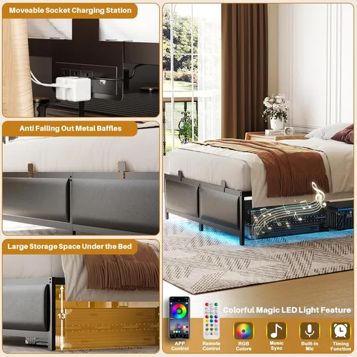 Miniatura 6 de Besiost Base de cama de tamaño individual con cabecera ajustable de 3 alturas, cama de plataforma tapizada de cuero con luz LED y estación de carga
