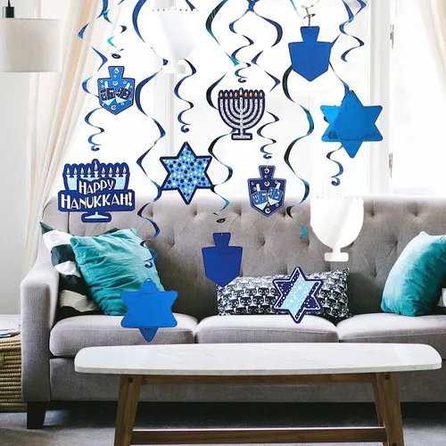 The Dreidel Company Decoraciones de Remolinos de Hanukkah, Incluye 12 Remolinos con Recortes de Hanukkah de Papel de Aluminio de 24" y Remolinos