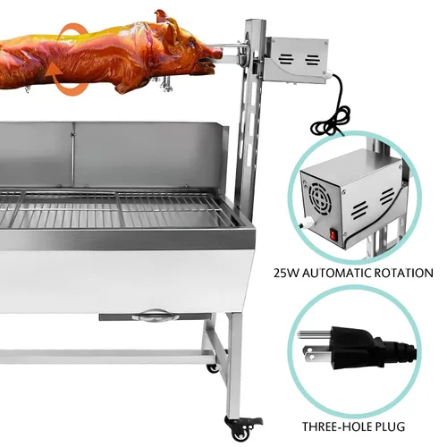 Miniatura 6 de Asador de acero inoxidable, asador de cordero de cerdo pequeño con motor de 25 W, parrilla asadora de carbón de 37 pulgadas para acampar al aire