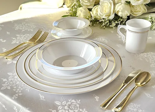 Miniatura 2 de Occasions - 40 piezas plateadas, bajo-plato, lonchera, cuencos (tazón) y platos, Vajilla, A2. Color blanco con borde dorado.