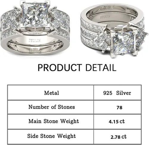Miniatura 2 de Jeulia - Juego de anillos de novia de 4.1 quilates para mujer, anillos de compromiso de corte princesa, anillos intercambiables de boda de plata