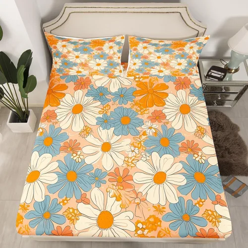Sábana bajera ajustable retro de los años 60 y 70, diseño de flores psicodélicas rústicas, para hombre y mujer, Halloween, floral, 1960, 1970, Multi