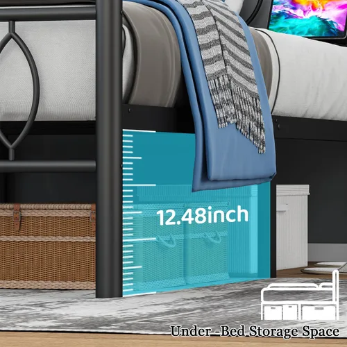Miniatura 6 de Marco de Cama Tamaño Full con Cabecero, Marco de Cama Plataforma de Metal Negro Tamaño Full con Estación de Carga y Luces LED, Almacenamiento Bajo