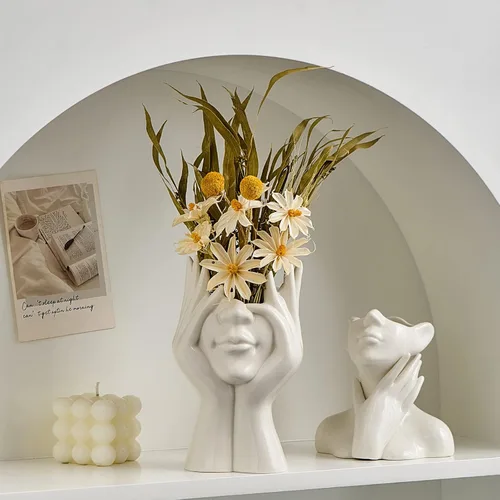 Miniatura 3 de FJS Jarrones de Cerámica con Cara, Jarrones de Flores Blancos para Decoración, 3.5" An x 7" Al Jarrón Decorativo Moderno como Centro de Mesa