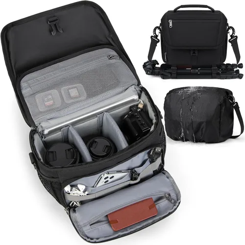 RAINSMORE - Bolsa para cámara, estuche para cámara DSLR/SLR/sin espejo con soporte para trípode, bolsa de bandolera impermeable para fotógrafos con