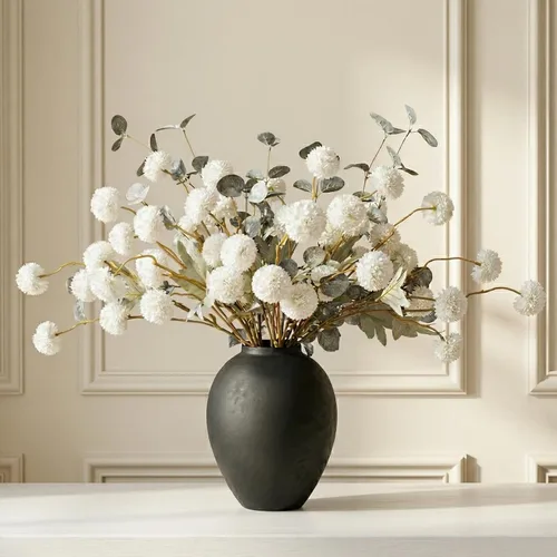 RyddeligHome Flores Artificiales Blancas para Jarrón - Kiku 10 Tallos y Eucalipto, Tallos de Flores Artificiales para Jarrón de Cerámica, Flores