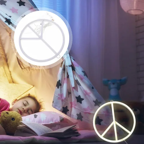 Miniatura 3 de OSALADI Luz de neón con señal de paz de 8.66 pulgadas, funciona con pilas, funciona con USB, lámpara de noche para dormitorio, fiesta, decoración