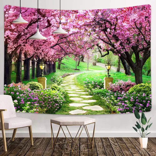 Miniatura 8 de Tapiz japonés de flores de cerezo para ventana, camino de bosque de árboles, flores rosas, botánico, floral, paisaje natural, estético para sala