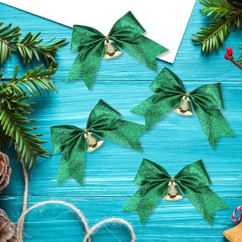 Miniatura 3 de Meseey 12 Lazos de Navidad con Campana de 4 Pulgadas Lazos de Cinta Verde Metálico con Purpurina Lazos Prefabricados con Alambre Retorcido de Brillo