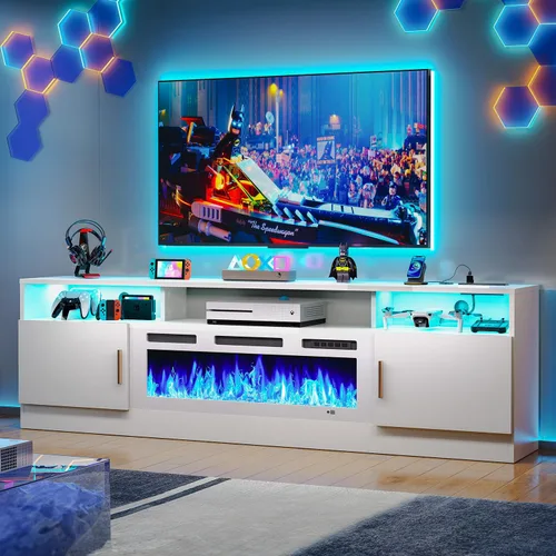 Miniatura 18 de MXV - Soporte de TV con chimenea de 70 pulgadas con toma de corriente para televisores de hasta 80 pulgadas, centro de entretenimiento con chimenea