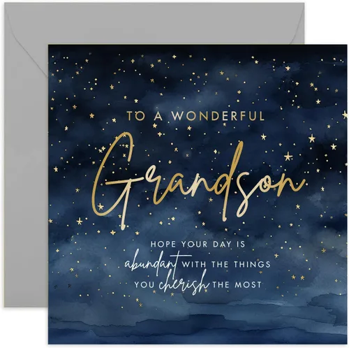 Tarjeta de cumpleaños para nieto - Diseño de estrellas maravillosas - Tarjeta de cumpleaños masculina para hombres - Adulto, adolescente, niño -