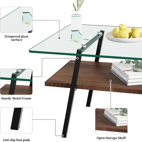 Miniatura 6 de Mesa auxiliar de cristal para sala de estar, mesa de centro de 2 niveles de mediados de siglo, mesa central con parte superior de vidrio templado