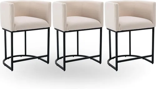 Miniatura 39 de Taburete de bar de lino de 32 pulgadas, taburete moderno de altura de barril con brazo, silla de mostrador tapizada, marco de metal negro para isla