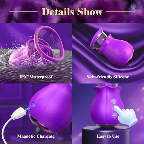 Miniatura 5 de Vibrador de Succión con Forma de Rosa - Juguetes Sexuales para Adultos 3 en 1 con Copa Desmontable para Estimulación del Clítoris y del Pezón