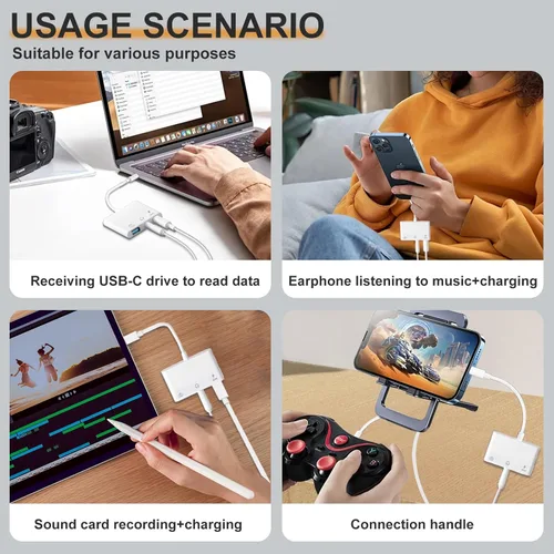 Miniatura 5 de Adaptador de Aux a USB C a USB, Adaptador OTG USB 3-en-1 con Adaptador de Audio USB C a 3.5mm y Puerto de Carga Rápida PD de 60W, Compatible