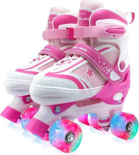 Kids Roller Skates for Boys Girls, 4 Size Adjustable Kids Rollerskates with Light Up Wheels Roller Skates for Boys Girls Ages 5-8 8-12 Rosa