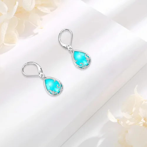 Miniatura 262 de Aretes colgantes de plata de ley con diseño de árbol de la vida, flor, abeja, animales, gato, colibrí, piedra lunar, turquesa, aretes con cierre