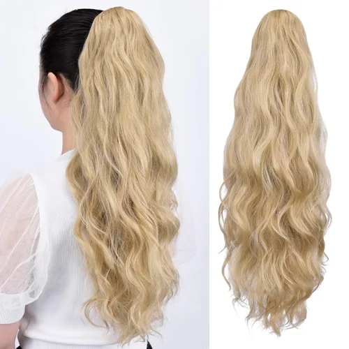 Miniatura 61 de Extensiones de cola de caballo, extensiones de cabello rizado con clip de garra de color marrón oscuro para mujer, peluca sintética de cola
