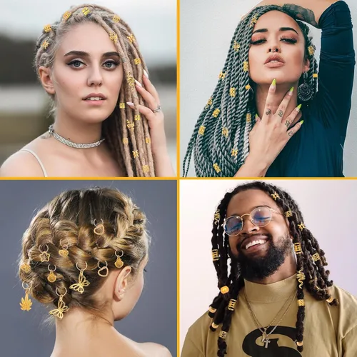 Miniatura 7 de Juego de accesorios dorados para el cabello de 236 piezas: joyas, dijes, anillos y puños para trenzas, rastas, estilos de Loc y peinado rave