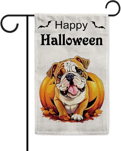 Bandera de jardín de bulldog de Halloween de 12.5 x 18 pulgadas, vertical, doble cara, calabaza de Feliz Halloween, linda cachorro, decoración de