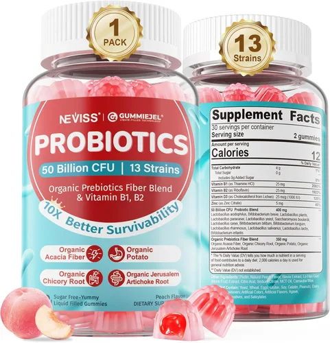 NEVISS Gomitas probióticas + prebióticas para adultos y niños mayores de 4 años, masticables sin azúcar, 50 mil millones de UFC con fibra, vitamina