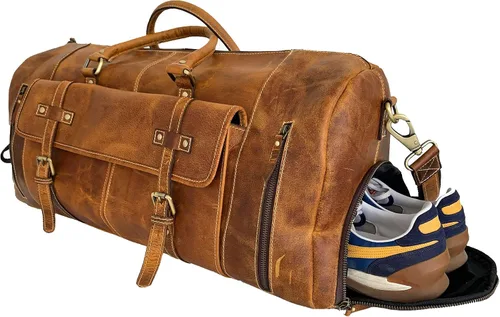 Miniatura 2 de KomalC Bolsas de lona de cuero para hombres y mujeres de grano completo de viaje durante la noche, fin de semana, bolsas de cuero para deportes