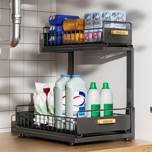 Organizador bajo el fregadero, Organizador de 2 niveles alto y ajustable bajo el fregadero de la cocina, estante de almacenamiento multiuso para