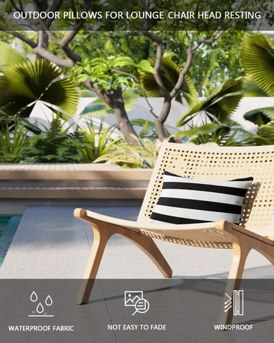 Miniatura 4 de Almohada de exterior para tumbona, diseño de rayas simples en blanco y negro, impermeable, almohada lumbar con inserto y correa elástica ajustable