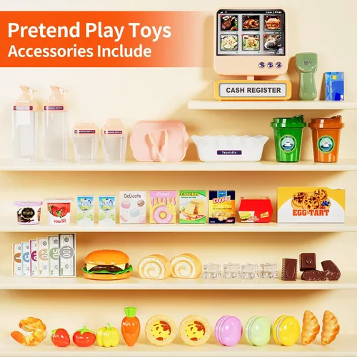 Miniatura 6 de Pupu Pig Play Food Store Juguetes para niños, tienda de comestibles de juego de simulación con caja registradora para niños con pedido de voz