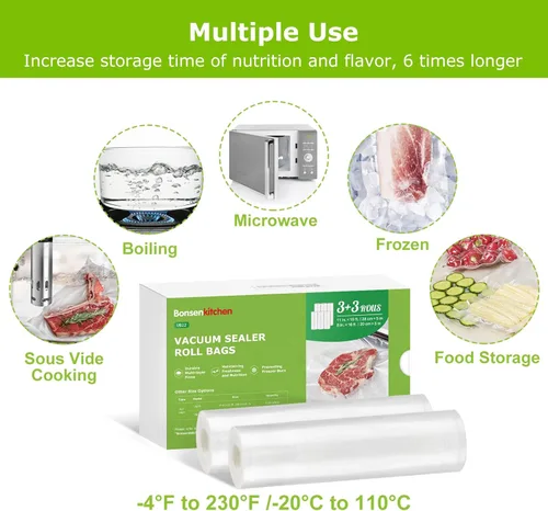 Miniatura 6 de Bonsenkitchen [2025 Actualizado] 3 Rollos 27,94 cm x 4,88 m + 3 Rollos 20,32 cm x 4,88 m Bolsas Selladoras al Vacío para Alimentos con Caja