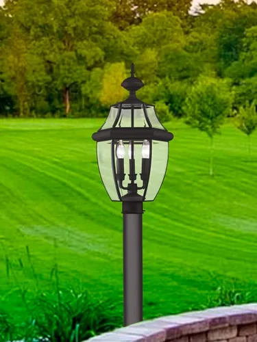 Miniatura 2 de Livex Lighting 2354-04 Monterey - Cabezal de poste de latón macizo con 3 luces para exteriores con vidrio biselado transparente Negro