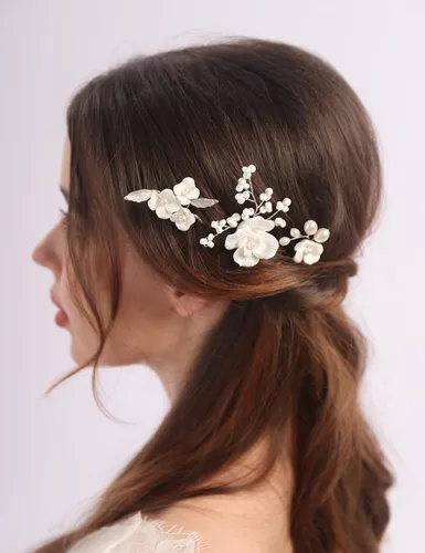Miniatura 7 de Teyglen 3 horquillas para el pelo de boda, horquillas de flores para novia, flores y hojas, pinzas para el cabello de perlas para novia, accesorios