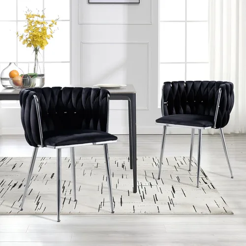 Miniatura 9 de Juego de 2 sillas de comedor de terciopelo, sillas de comedor tapizadas tejidas, sillones de ocio de lujo, sillas decorativas modernas con patas