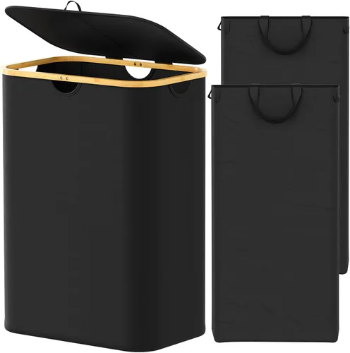 Miniatura 11 de SpaceAid Cesta de lavandería con tapa, 110L de gran capacidad, cesta alta para ropa con asas de bambú, cesta plegable para dormitorio, baño, Negro