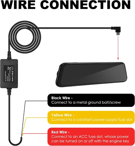 Miniatura 4 de Pelsee Kit de cable rígido para cámara de salpicadero, kit completo de cable duro tipo C, fusible de cable de 12V-24V a 5V para cámara de tablero