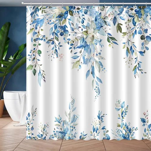 Miniatura 8 de JWXCBIM Cortina de ducha azul con hojas de eucalipto, cortina de baño decorativa con arte estético de acuarela de plantas y flores, juego de cortina