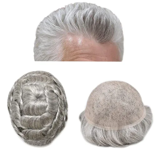 Miniatura 15 de Pieza de pelo tipo tupé para hombres, encaje suizo suave, cabello humano real, tupé para hombres, unidades de cabello con nudo blanqueado, sistema