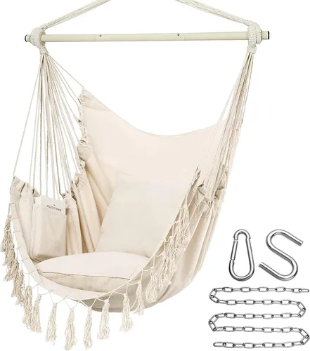 Miniatura 10 de Y- STOP Silla Hamaca Colgante Columpio de Cuerda, Máximo 500 Libras, 2 Cojines Incluidos, Silla Colgante Grande de Macramé con Bolsillo, Tejido