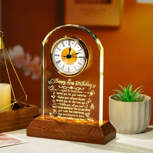 Miniatura 7 de Arikyrist Reloj de cristal de feliz cumpleaños 80 para hombres y mujeres, reloj de cuarzo con base de luz LED de madera, regalos de cumpleaños de 80