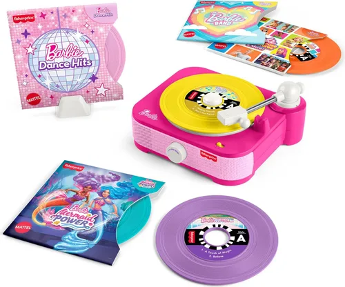 Fisher-Price Juguete musical Barbie tocadiscos con 5 discos y estante de exhibición para preescolar preescolar para niños a partir de 3 años