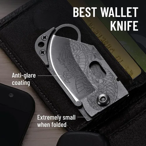 Miniatura 4 de Cuchillo de bolsillo Grand Way - 6 cm de hoja plegable afilada con clip para dinero - Cuchillo pequeño único con hoja de dragón grabada - Soporte