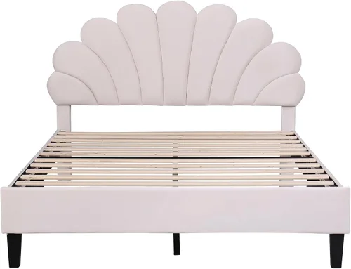 Miniatura 6 de Cama de plataforma tapizada de tamaño matrimonial con cabecera de terciopelo, no necesita somier, color beige