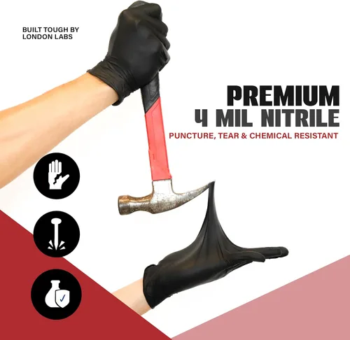 Miniatura 2 de London Labs Synsafe 4 Mil - Guantes de nitrilo negros para examen – Desechables, sin látex ni polvo – Guantes de goma extra fuertes – Kit