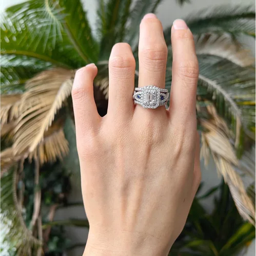 Miniatura 3 de DovEggs 3.26ct Total 5x7mm G-H-I Color Emerald Cut Moissanite Antqiue Double Halo Engagement Ring Moissanite&Blue Sapphire Accents Curved Enhancer
