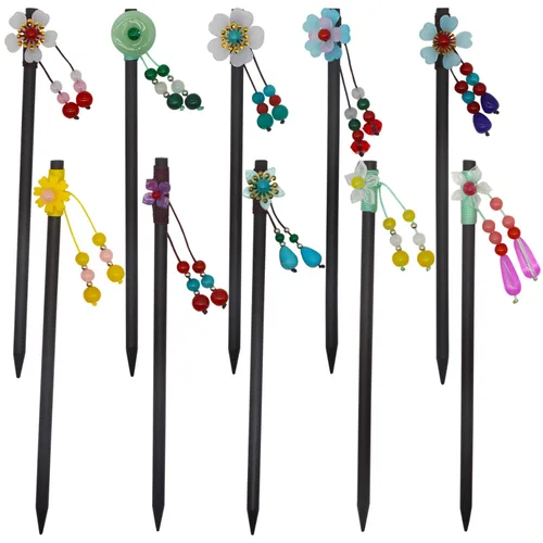 6 palillos de madera china para el cabello, palillos vintage con borlas, horquillas de flores retro, horquillas de madera hechas a mano, accesorios