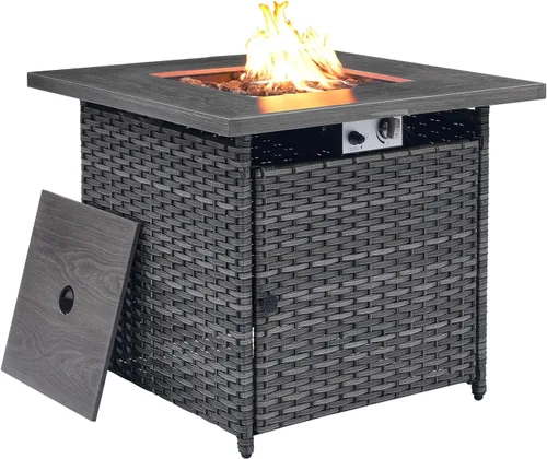 Miniatura 9 de HUMMUH Mesa cuadrada de propano de 30 pulgadas, fogata de gas al aire libre de 50,000 BTU con tapa y roca de lava, mesa de acero 2 en 1 para porche